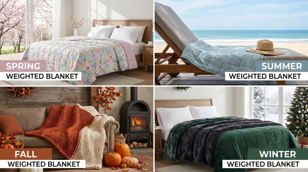 collage showing four weighted, weighted blanket buying guide, weighted blanket weight chart