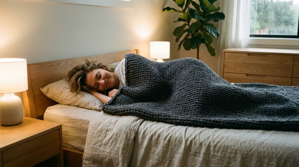 person sleeping under weighted, weighted blanket buying guide, weighted blanket weight chart