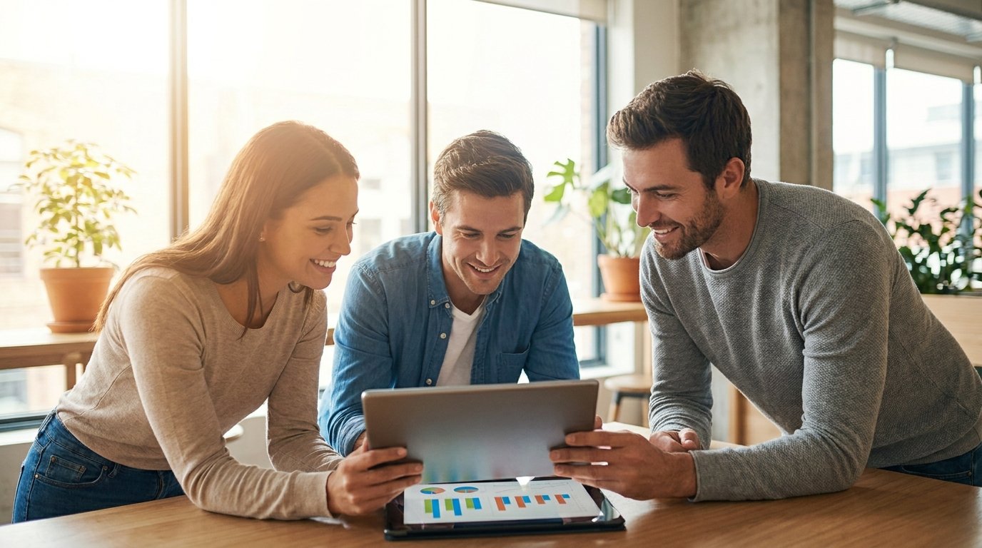 Three people comparing product data on a laptop