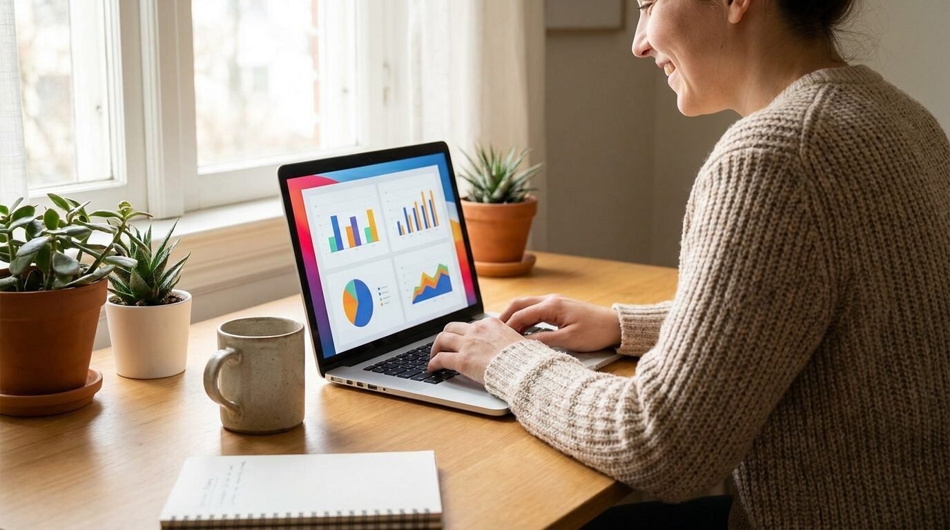 Woman comparing product charts on a laptop at her desk
