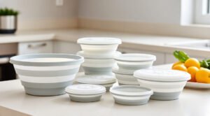 collapsable silicone storage containers, foldable food container set, space saving kitchen organization