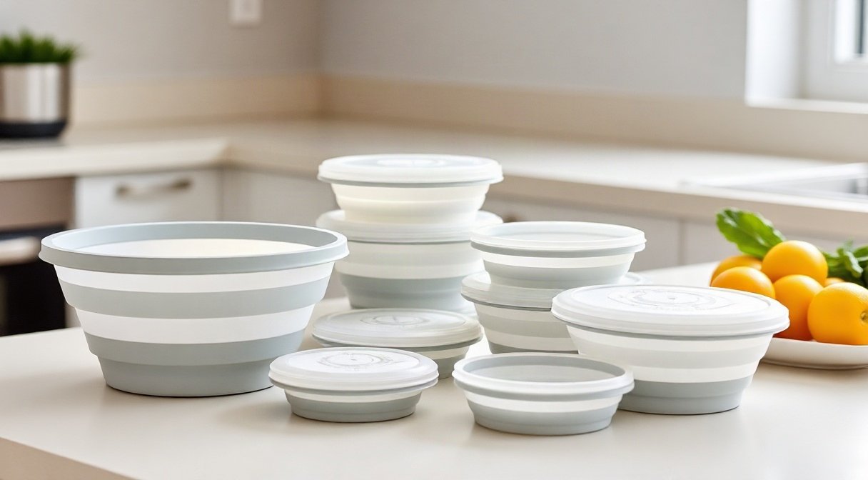 collapsable silicone storage containers, foldable food container set, space saving kitchen organization